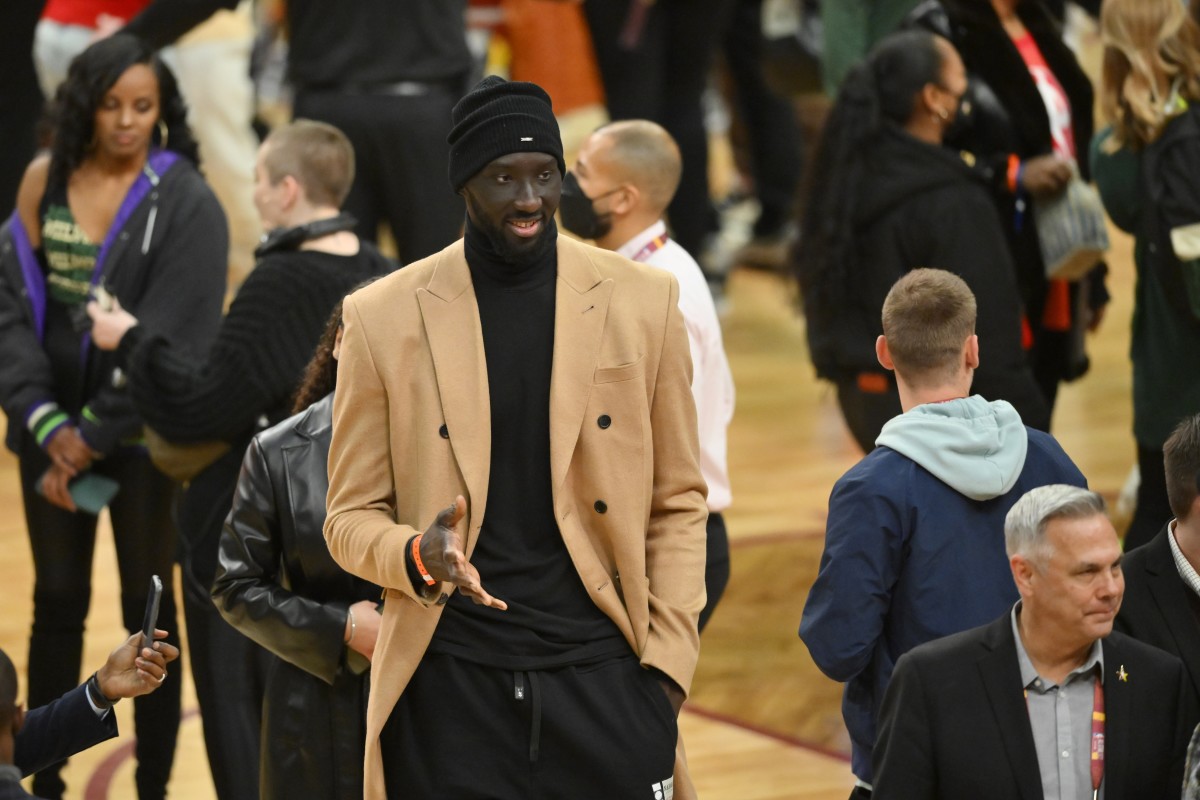 Cleveland Charge player Tacko Fall on the court after Team LeBron defeated Team Durant