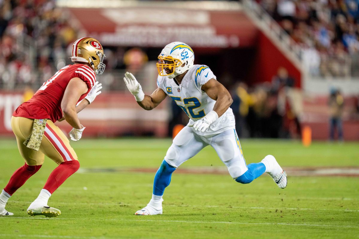 Khalil Mack Las Vegas Chargers Unsigned Looks Onward in Blue Jersey Photograph