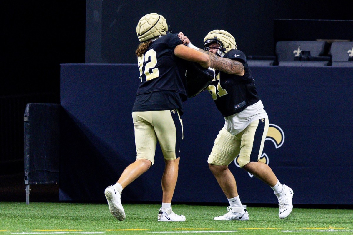 Aug 11, 2023; New Orleans Saints tackle Storm Norton (72) works on blocking drills during training camp. Mandatory Credit: Stephen Lew-USA TODAY Sports