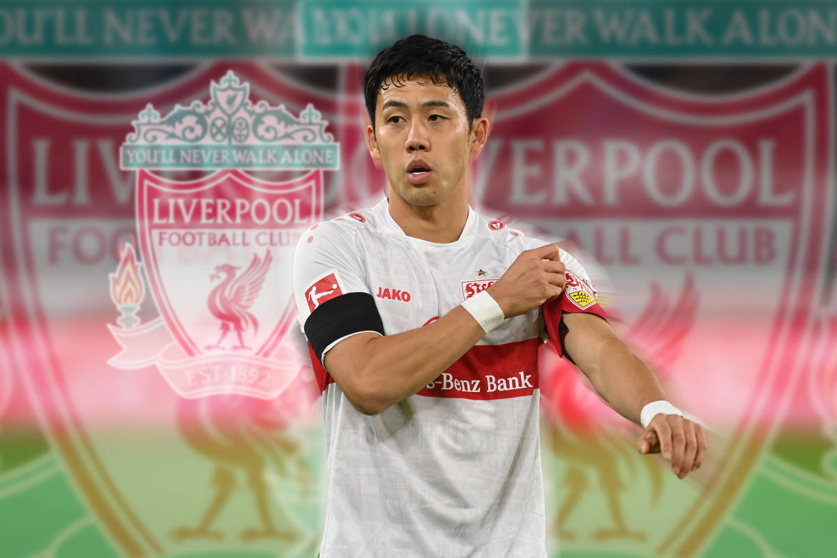 A photo of Wataru Endo playing for Stuttgart during the 2022/23 season with Liverpool club crests added in the background