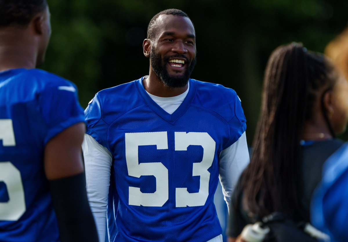 Aug 15, 2023; Westfield, IN, USA; Indianapolis Colts linebacker Shaquille Leonard (53) laughs with teammates during a training session at Grand Park Sports Campus.