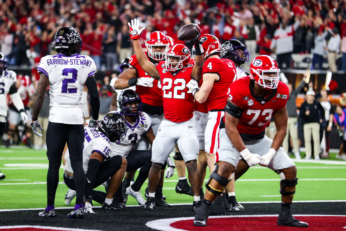 Georgia RB Branson Robinson (22) celebrates after scoring a touchdown in the College Football Playoff National Championship Game against TCU. Robinson has been out since the spring with a lower extremity injury.