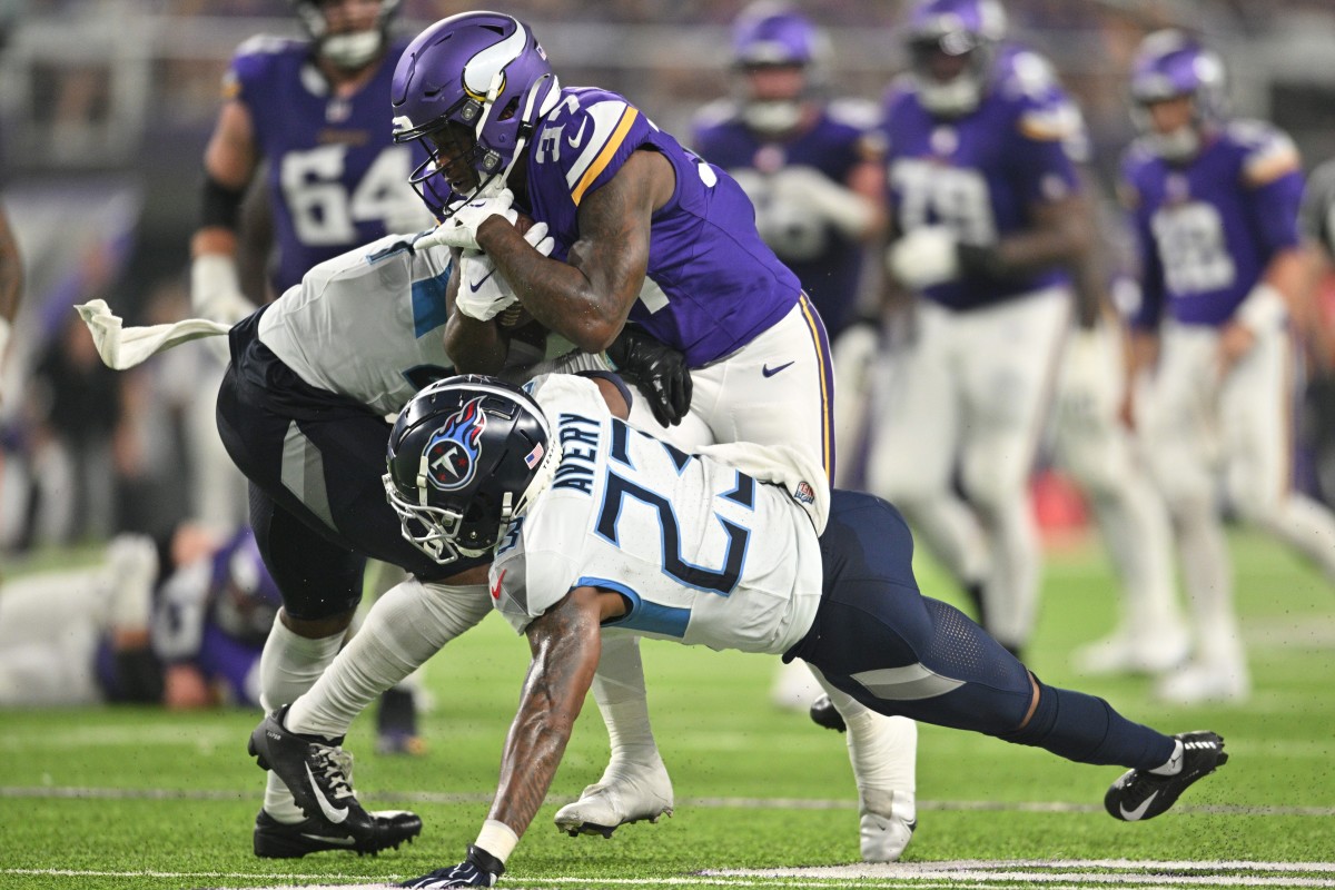 Minnesota Vikings linebacker Luiji Vilain (43) in action during an NFL  preseason football game against the Tennessee Titans, Saturday, Aug. 19,  2023 in Minneapolis. Tennessee won 24-16. (AP Photo/Stacy Bengs Stock Photo  - Alamy