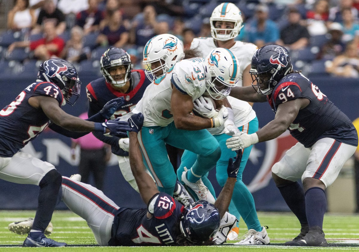 The Houston Texans fall 28-3 to the Miami Dolphins in their preseason home  opener, despite an early interception by the defense.