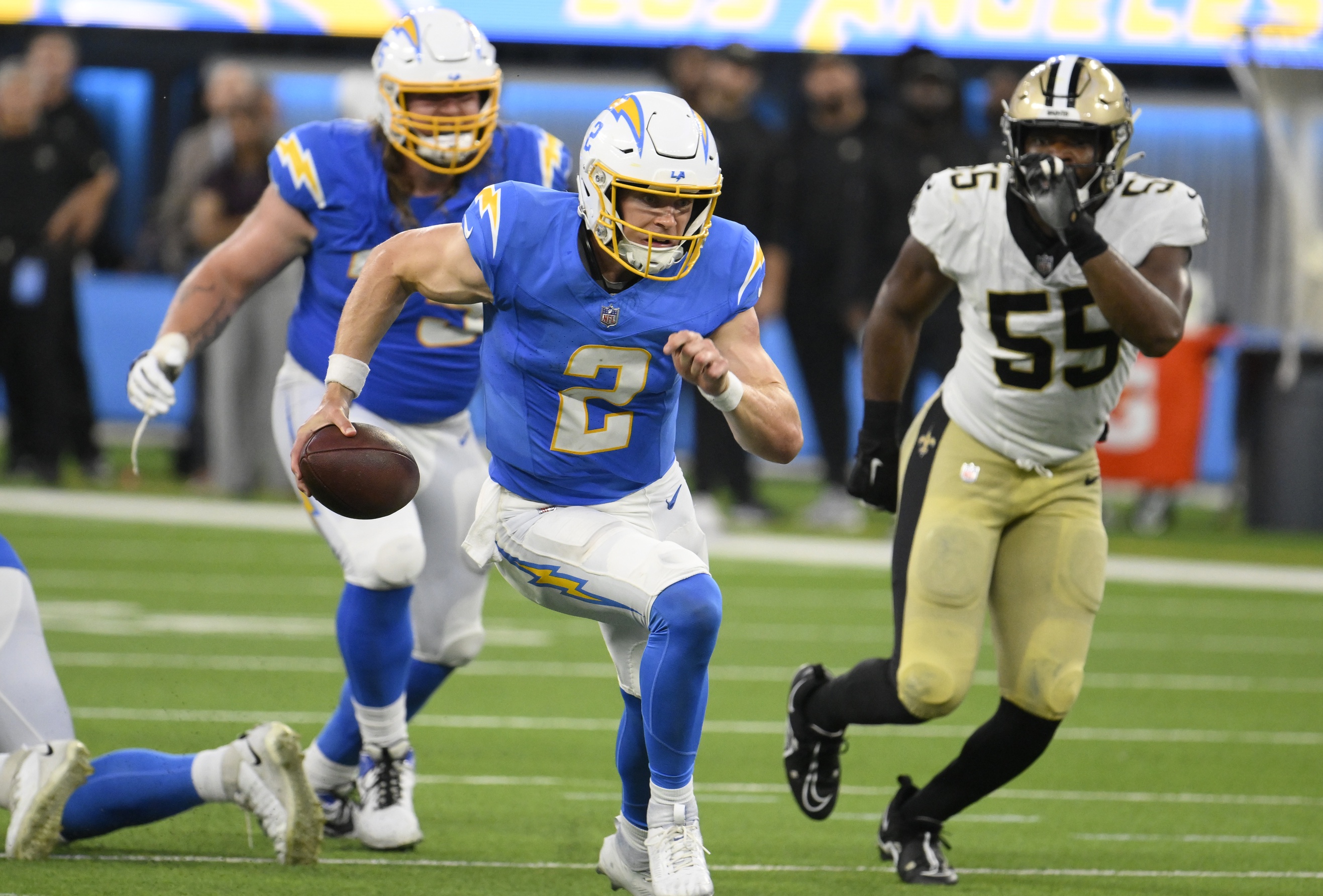 Easton Stick of the Los Angeles Chargers looks to pass during the