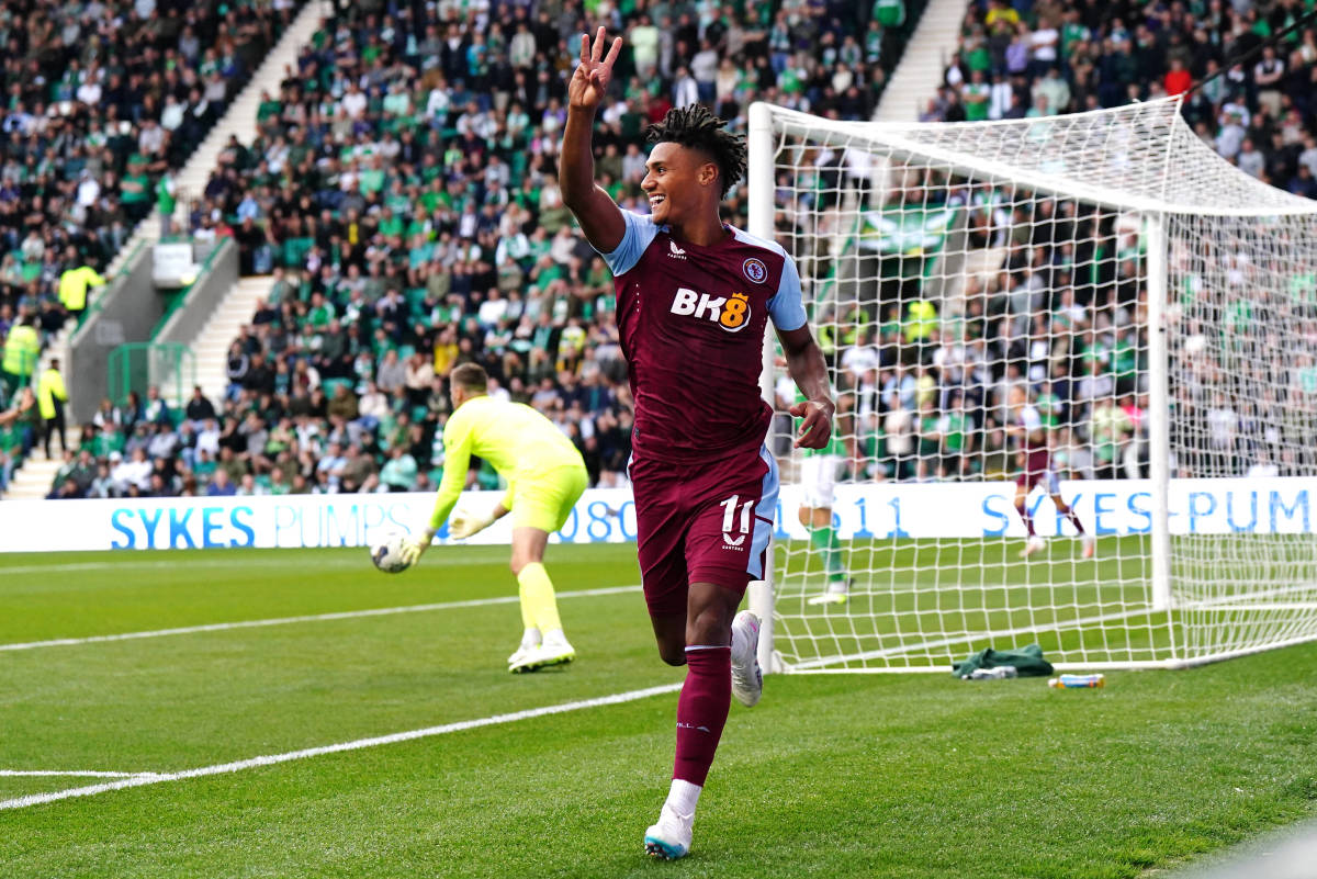 Ollie Watkins pictured celebrating after scoring a hat-trick for Aston Villa in a 5-0 win against Hibs at Easter Road in August 2023