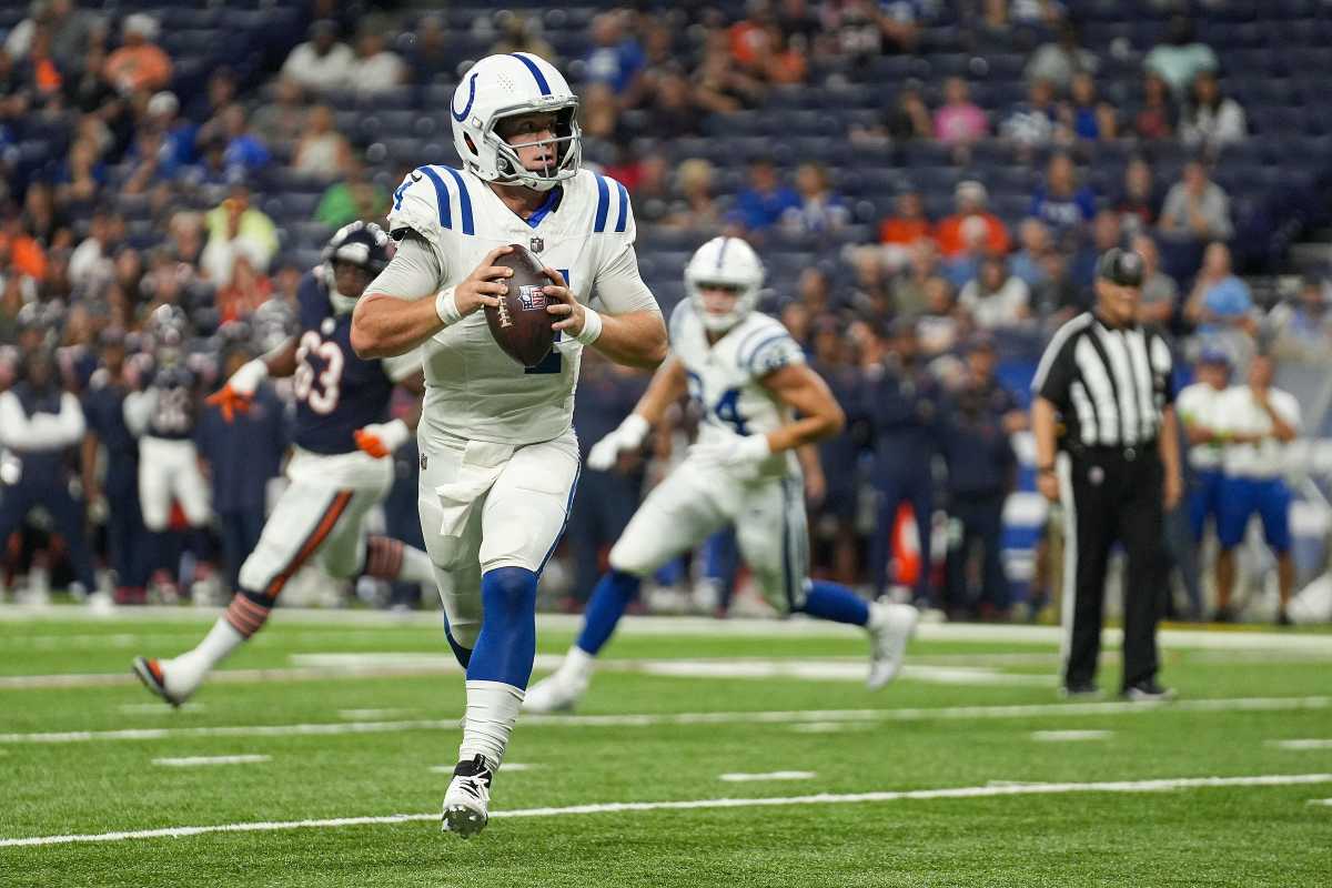 Indianapolis Colts wide receiver Josh Downs (1) returns a kick-off during  an NFL pre-season football game against the Buffalo Bills, Saturday, Aug.  12, 2023, in Orchard Park, N.Y. Buffalo defeated the Colts