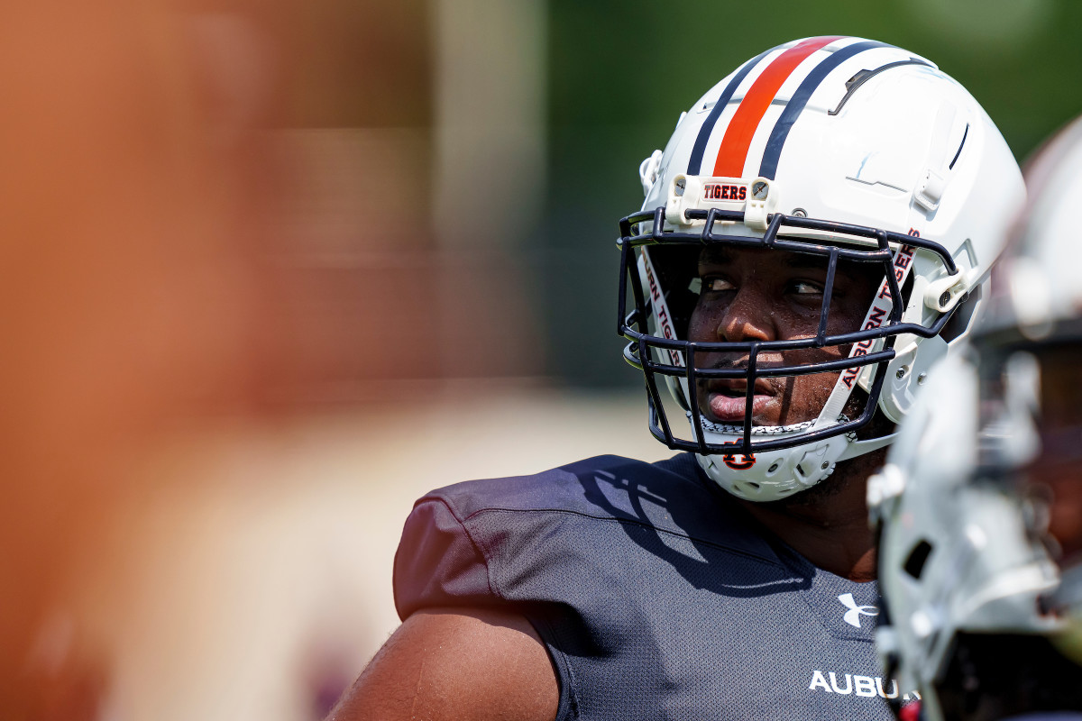 AUBURN, AL - August 03, 2023 - Auburn Offensive Lineman Avery Jones (#66) during a Fall camp practice at the Woltosz Football Performance Center in Auburn, AL.