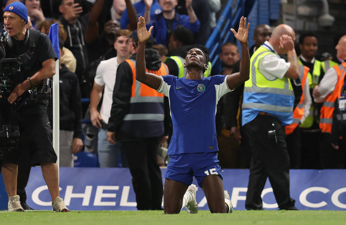 Nicolas Jackson pictured celebrating after scoring his first ever Premier League goal for Chelsea in a home win over Luton Town in August 2023