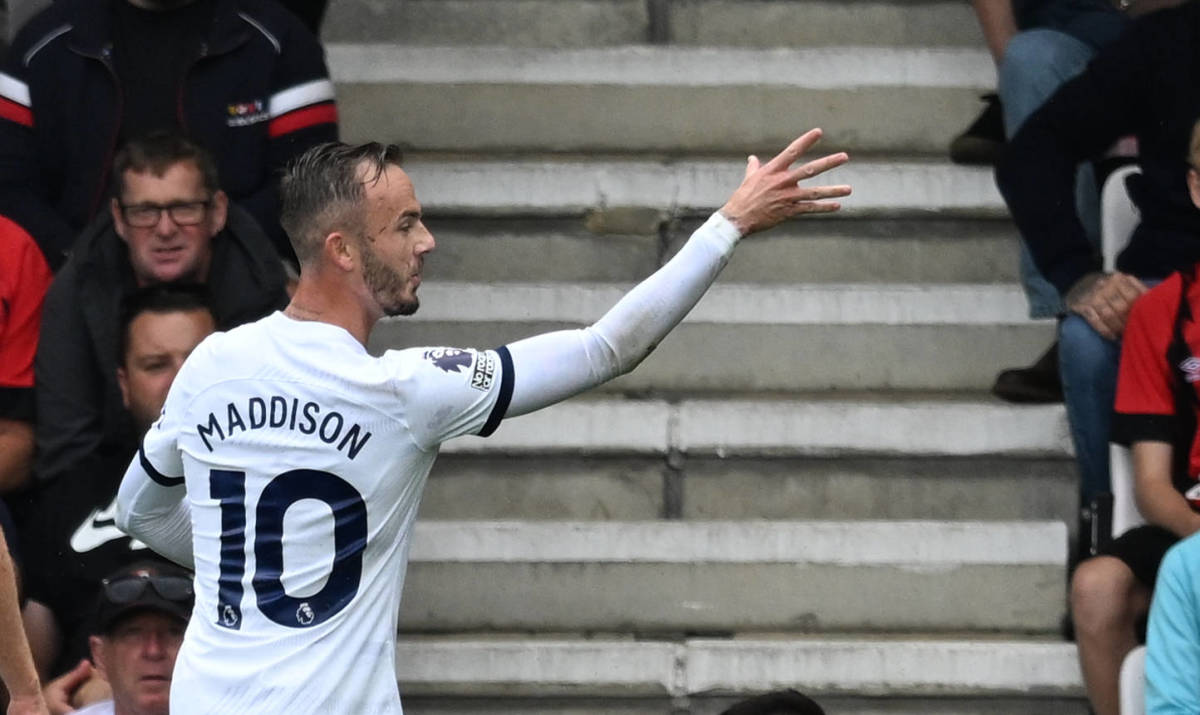 James Maddison pictured celebrating after scoring the first goal of his Tottenham career in a 2-0 win at Bournemouth in August 2023