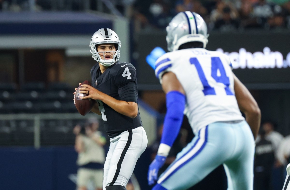 Las Vegas Raiders cornerback David Long Jr. (28) is seen during warm ups  before an NFL preseason football game against the Dallas Cowboys, Saturday,  Aug. 26, 2023, in Arlington, Texas. Dallas won