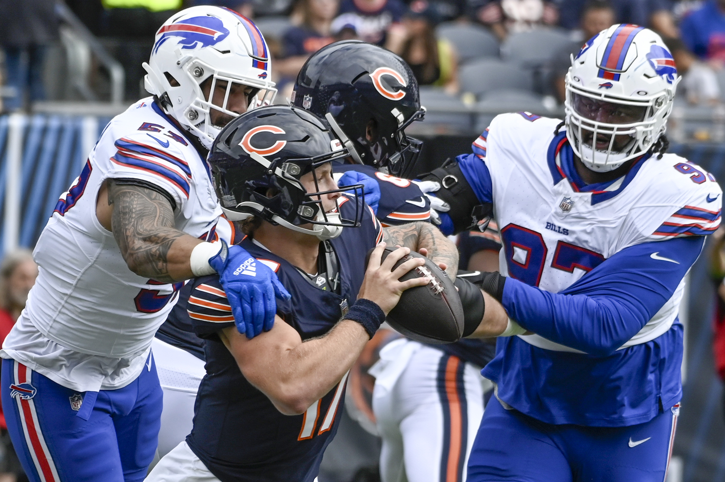 Chicago Bears quarterback Tyson Bagent is sacked by Buffalo Bills