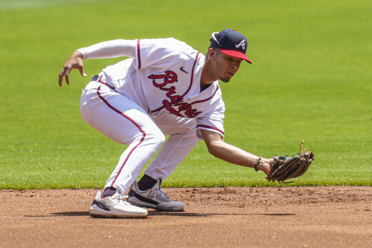 Apr 23, 2023; Cumberland, Georgia, USA; Atlanta Braves shortstop Vaughn Grissom (18) catches a line drive hit by Houston Astros third baseman Alex Bregman (2) (not shown) during the first inning at Truist Park.