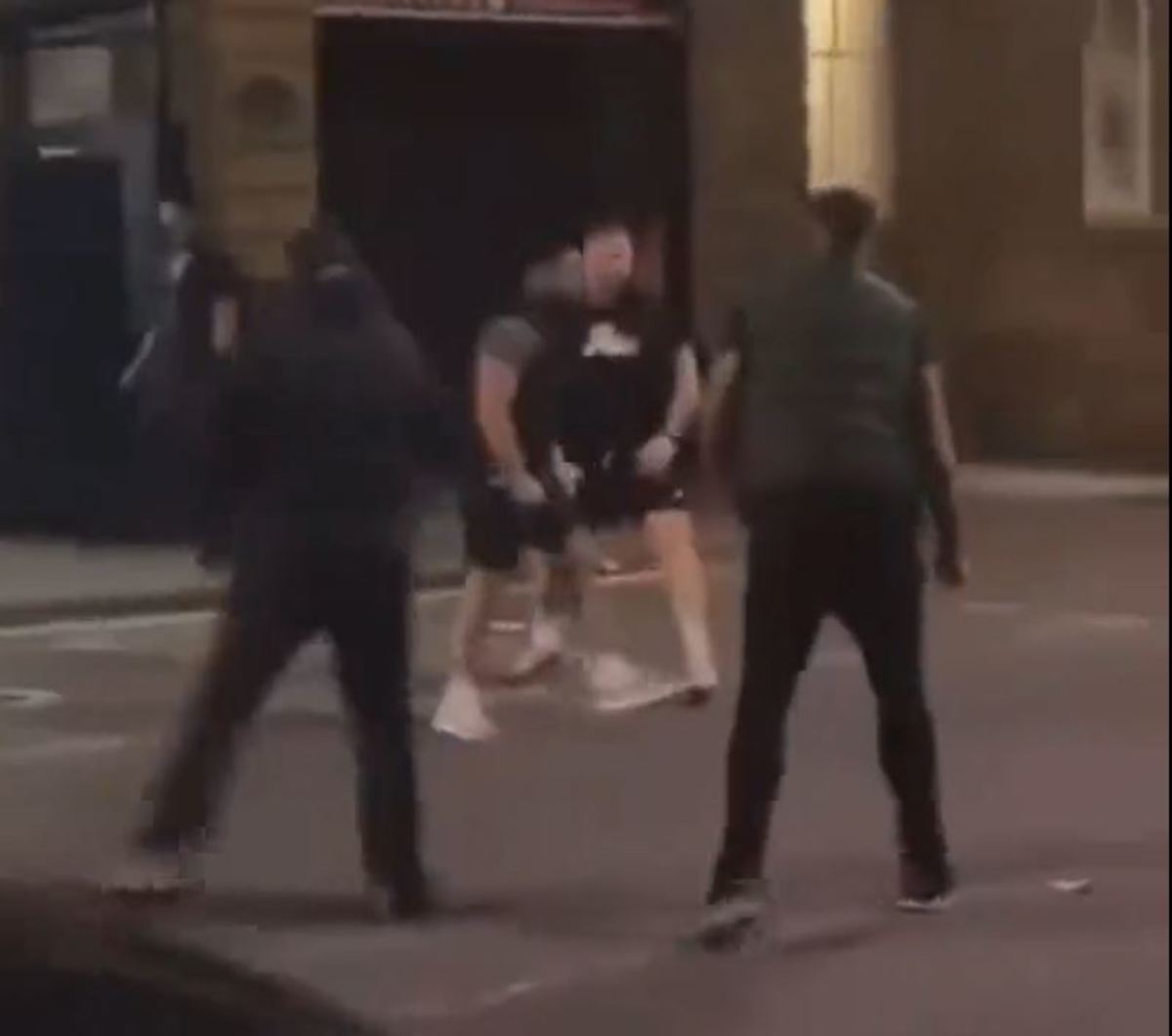 Soccer player Jamaal Lascelles pictured (right) during a brawl outside of a Newcastle nightclub in August 2023