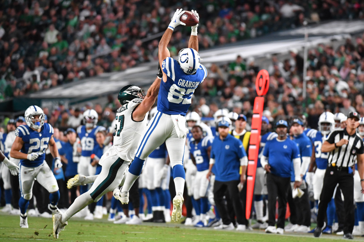 Aug 24, 2023; Philadelphia, Pennsylvania, USA; Indianapolis Colts tight end Kylen Granson (83) makes a catch against Philadelphia Eagles linebacker Ben VanSumeren (57) during the second quarter at Lincoln Financial Field.