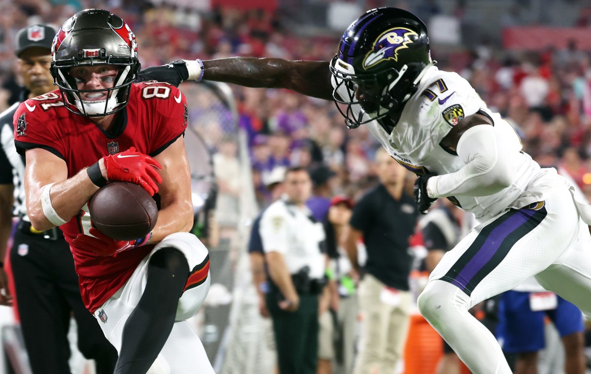 Baltimore Ravens cornerback Kyu Kelly (17) breaks up Tampa Bay Buccaneers wide receiver Ryan Miller (81) catch in the end zone during the second half at Raymond James Stadium.