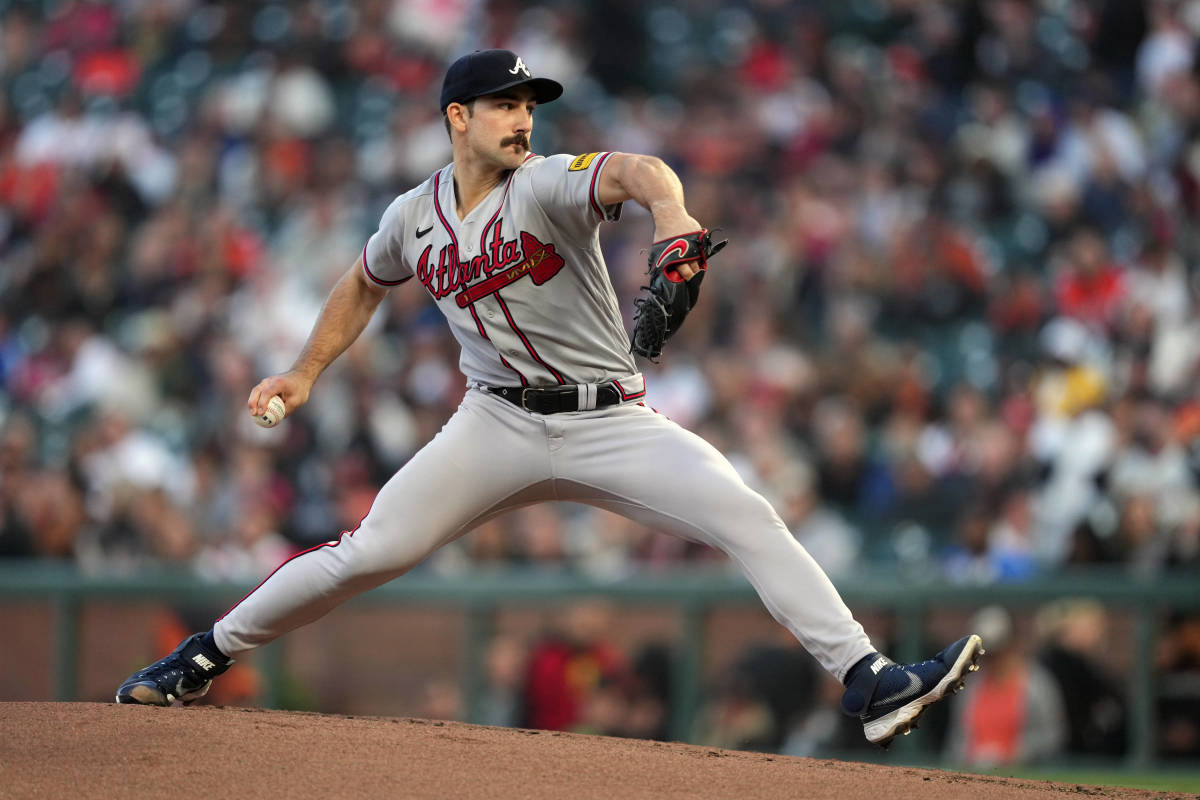 Aug 25, 2023; San Francisco, California, USA; Atlanta Braves starting pitcher Spencer Strider (99) throws a pitch against the San Francisco Giants during the first inning at Oracle Park.