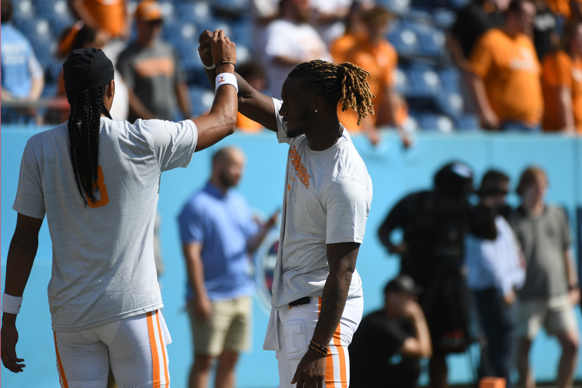 Tennessee Volunteers QBs Joe Milton III and Nico Iamaleava pregame ahead of Virginia on September 2nd, 2023, in Nashville, Tennessee. (Photo by Christopher Hanewinckel of USA Today Sports)