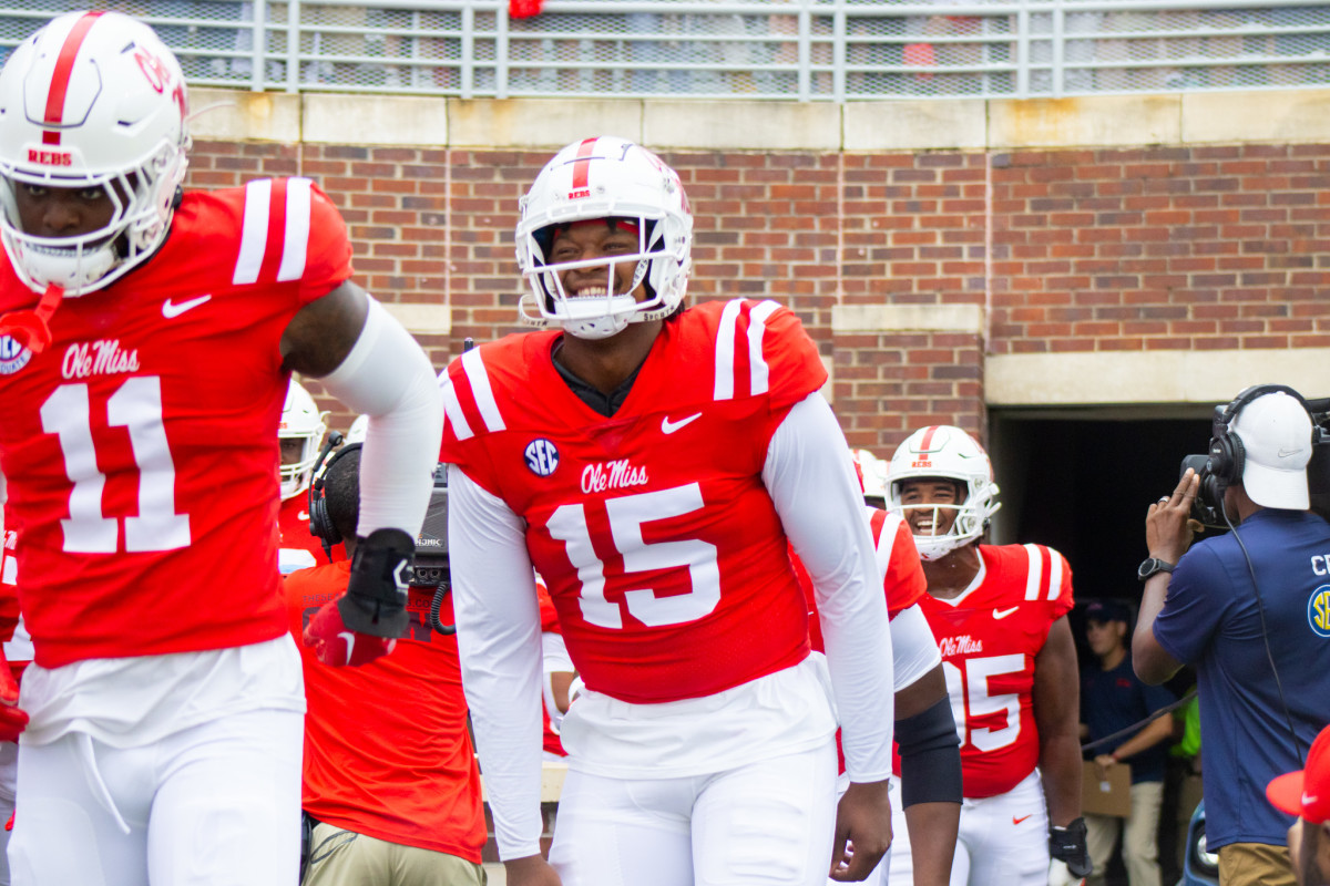 Ole Miss Rebels defensive lineman Jared Ivey takes the field versus the Mercer Bears in Week 1 (2023).