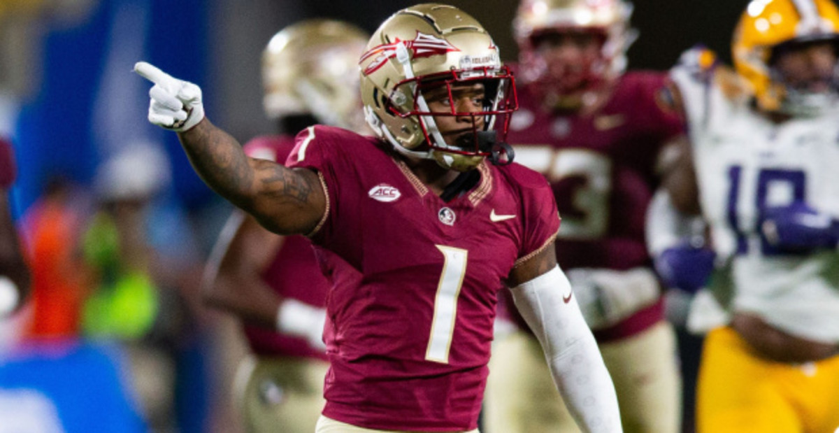 Florida State Seminoles wide receiver Winston Wright, Jr. celebrates after a catch during a college football game.