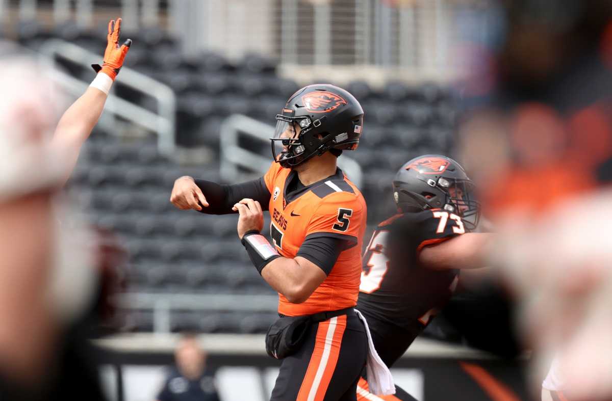 Oregon State quarterback DJ Uiagalelei (5) passes the ball during the spring showcase at Reser Stadium, Saturday, April 22, 2023, in Corvallis, Ore. Oregon State Spring Game679