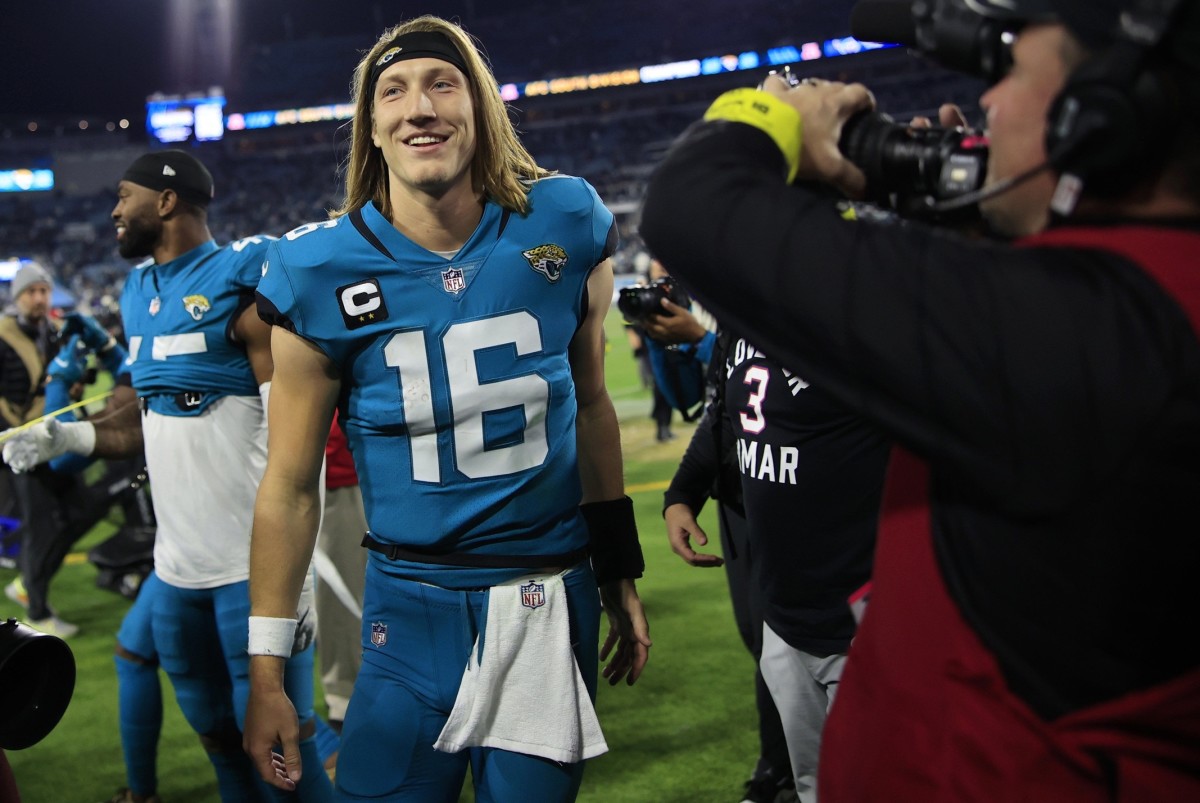 Jacksonville Jaguars quarterback Trevor Lawrence (16) walks off the field after beating the Tennessee Titans on Jan. 7, 2023 to win the AFC South title. (Corey Perrine/USA TODAY Sports)