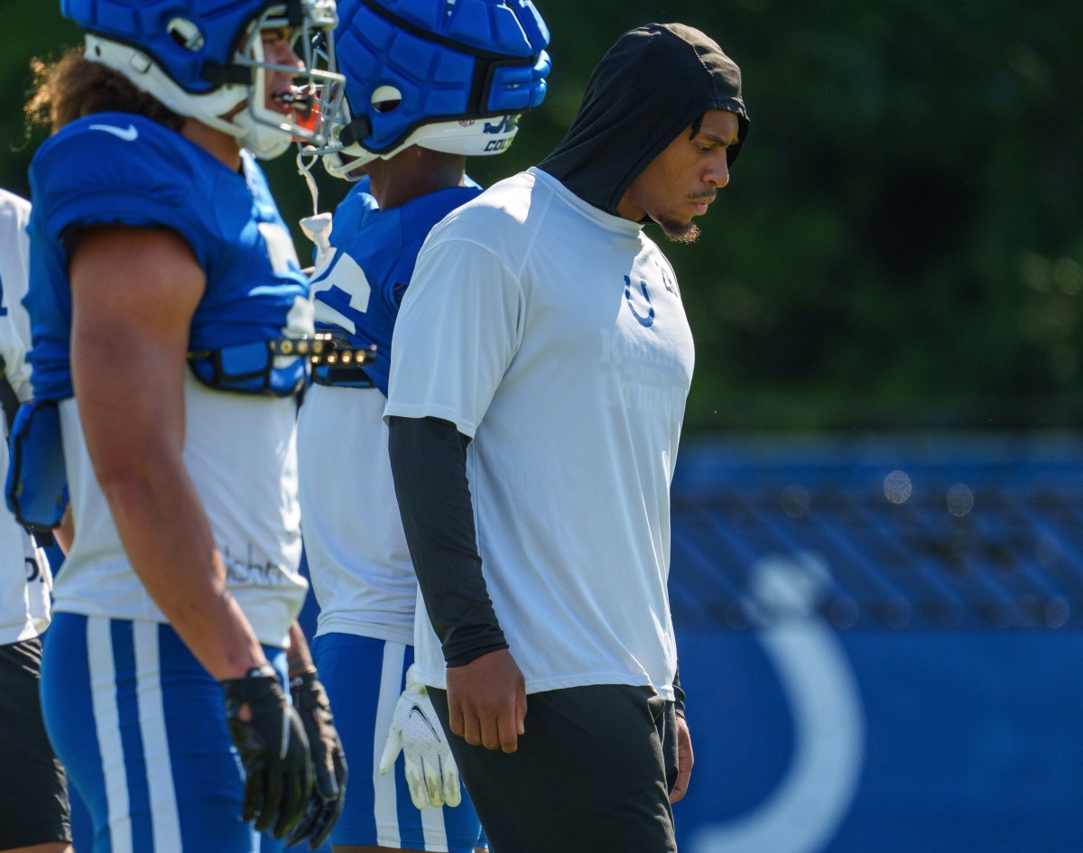 Indianapolis Colts running back Jonathan Taylor stands near other running backs during drills at training camp. He is demanding a trade in a contract dispute. (Mykal McEldowney-USA TODAY Sports)