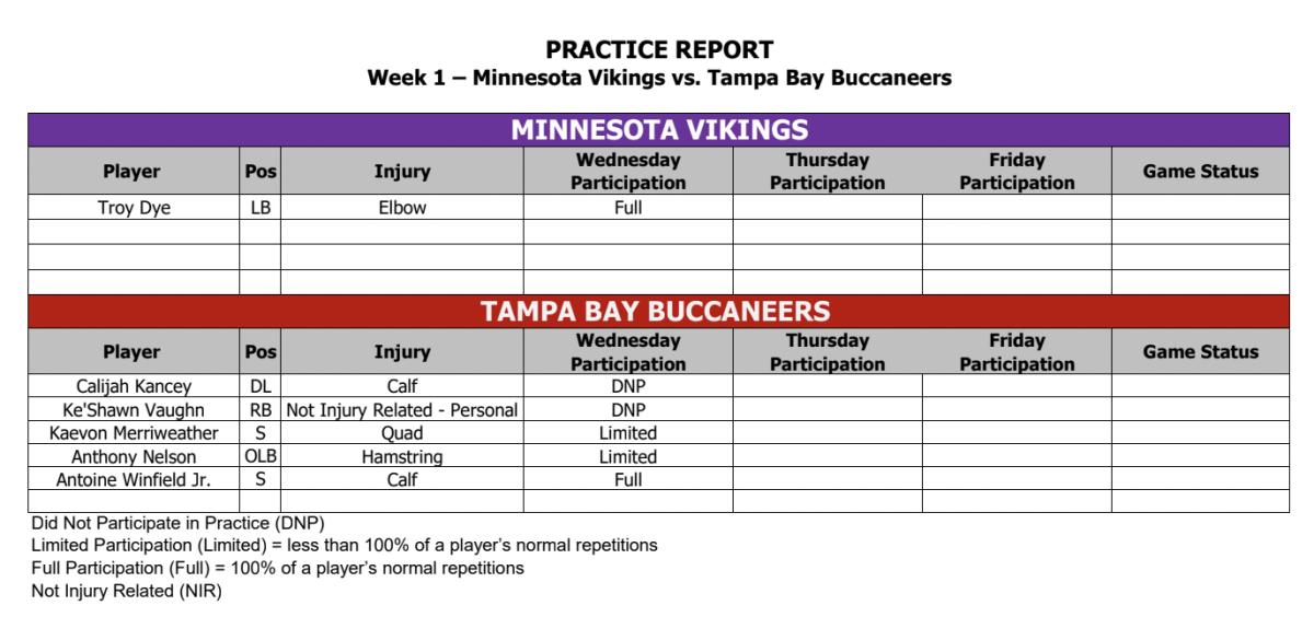 Tampa Bay Buccaneers at Minnesota Vikings: Initial injury reports