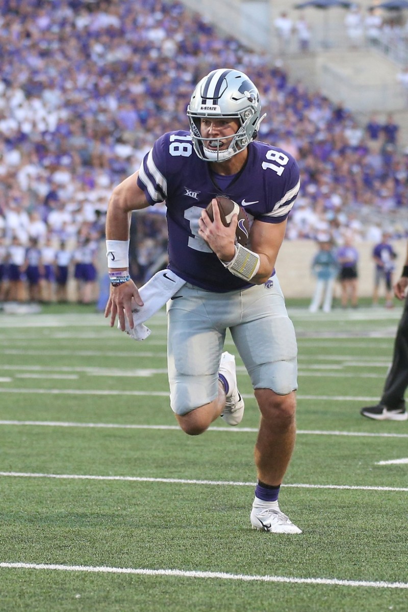 Kansas State Wildcats quarterback Will Howard (18) runs for a touchdown during the second quarter against the Southeast Missouri State Redhawks at Bill Snyder Family Football Stadium.