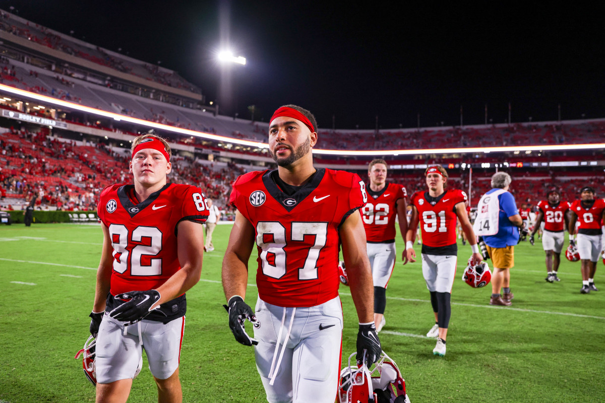 Georgia wide receiver Mekhi Mews (87) after Georgia’s game against UT Martin on Dooley Field at Sanford Stadium in Athens, Ga., on Saturday, Sept. 2, 2023. (Tony Walsh/UGAAA)