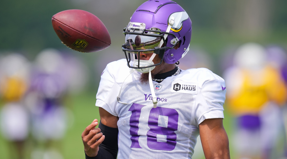 Aug 5, 2023; Eagan, MN, USA; Minnesota Vikings wide receiver Justin Jefferson (18) during training camp at Twin Cities Orthopedic Center. Mandatory Credit: Brad Rempel-USA TODAY Sports