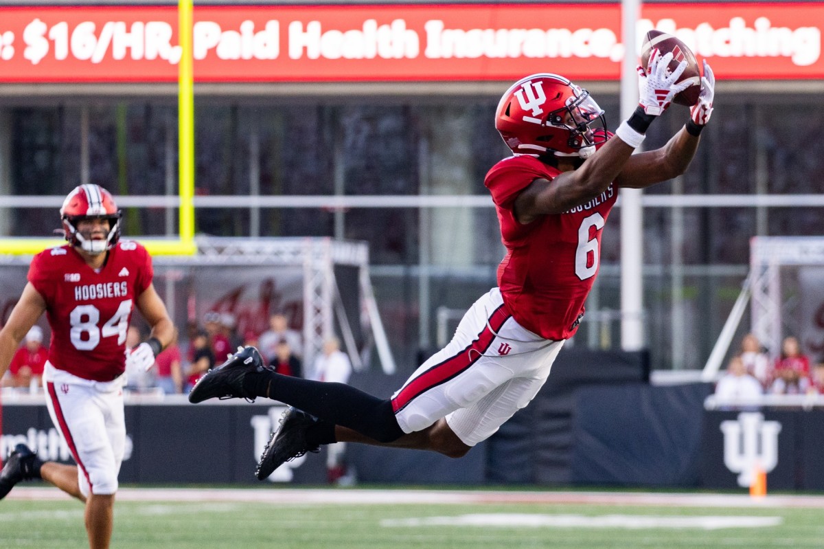 Indiana Hoosiers wide receiver Cam Camper (6) dives and catches the ball in the first half against the Indiana State Sycamores at Memorial Stadium.