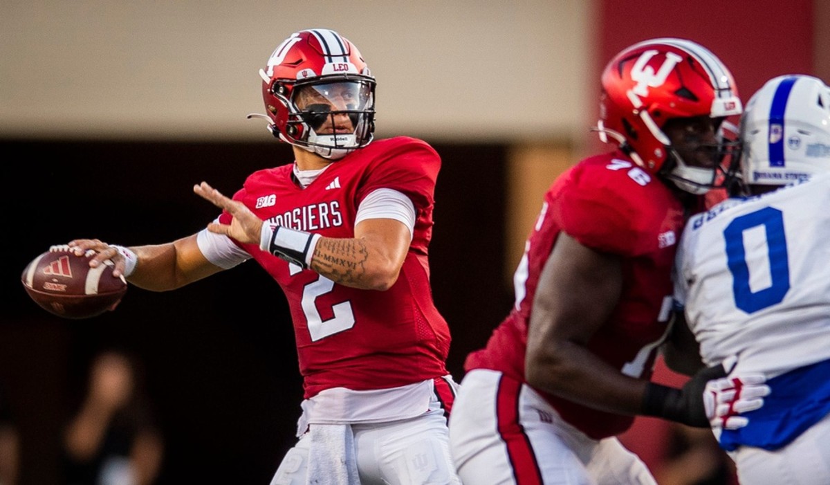 Indiana's Tayven Jackson (2) passes during the first half against Indiana State at Memorial Stadium on Friday, Sept. 8, 2023.