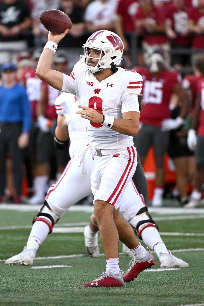 Sep 9, 2023; Pullman, Washington, USA; Wisconsin Badgers quarterback Tanner Mordecai (8) throws a pass against the Washington State Cougars in the first half at Gesa Field at Martin Stadium. Mandatory Credit: James Snook-USA TODAY Sports