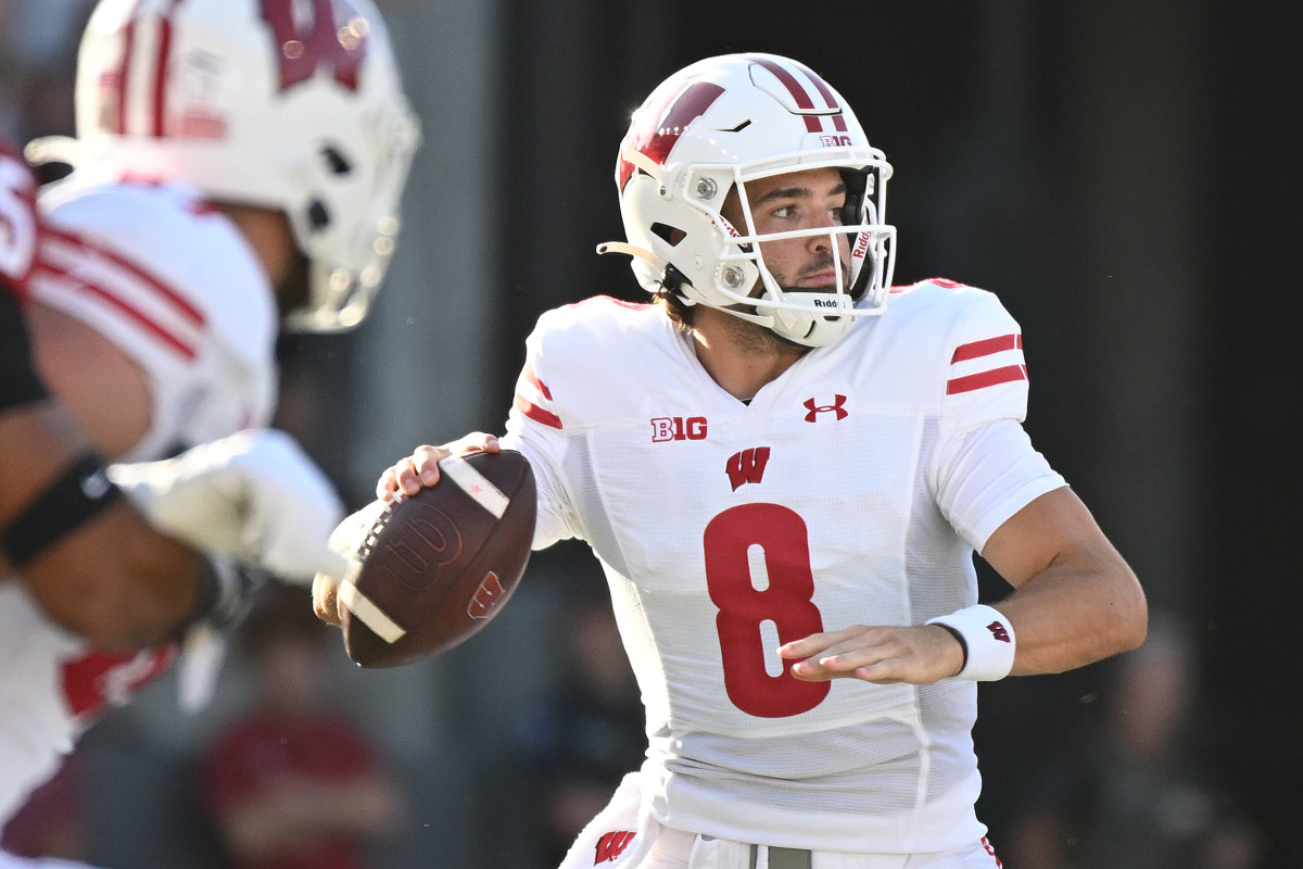 Sep 9, 2023; Pullman, Washington, USA; Wisconsin Badgers quarterback Tanner Mordecai (8) throws a pass against the Washington State Cougars in the first half at Gesa Field at Martin Stadium.