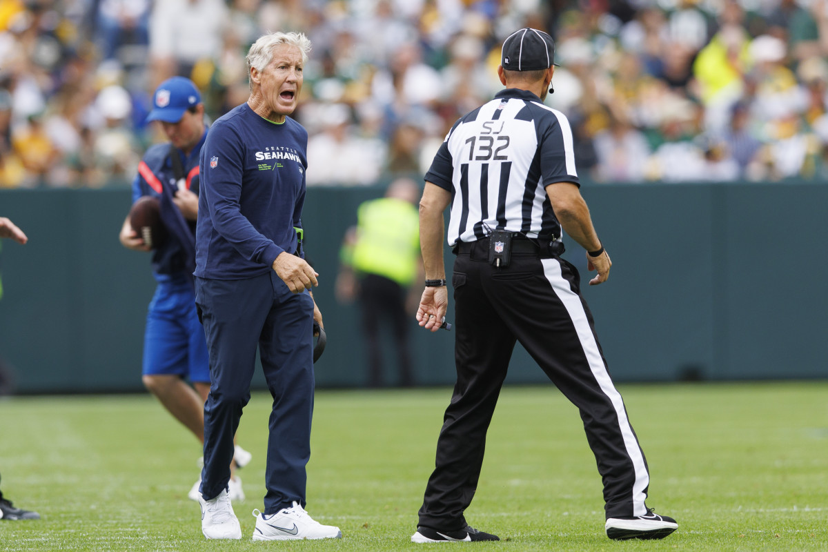 Aug 26, 2023; Green Bay, Wisconsin, USA; Seattle Seahawks head coach Pete Carroll yells towards an official during the second quarter against the Green Bay Packers at Lambeau Field. Mandatory Credit: Jeff Hanisch-USA TODAY Sports