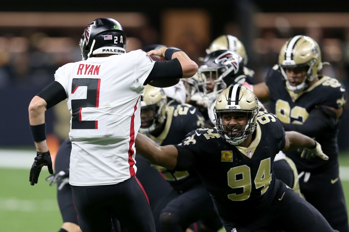 New Orleans Saints linebacker Isaiah Foskey (55) warms up during