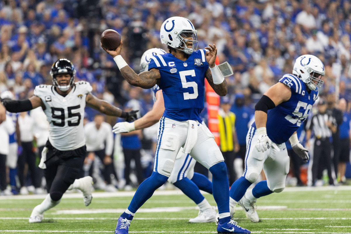 Sep 10, 2023; Indianapolis, Indiana, USA; Indianapolis Colts quarterback Anthony Richardson (5) passes the ball in the second half against the Jacksonville Jaguars at Lucas Oil Stadium. Mandatory Credit: Trevor Ruszkowski-USA TODAY Sports