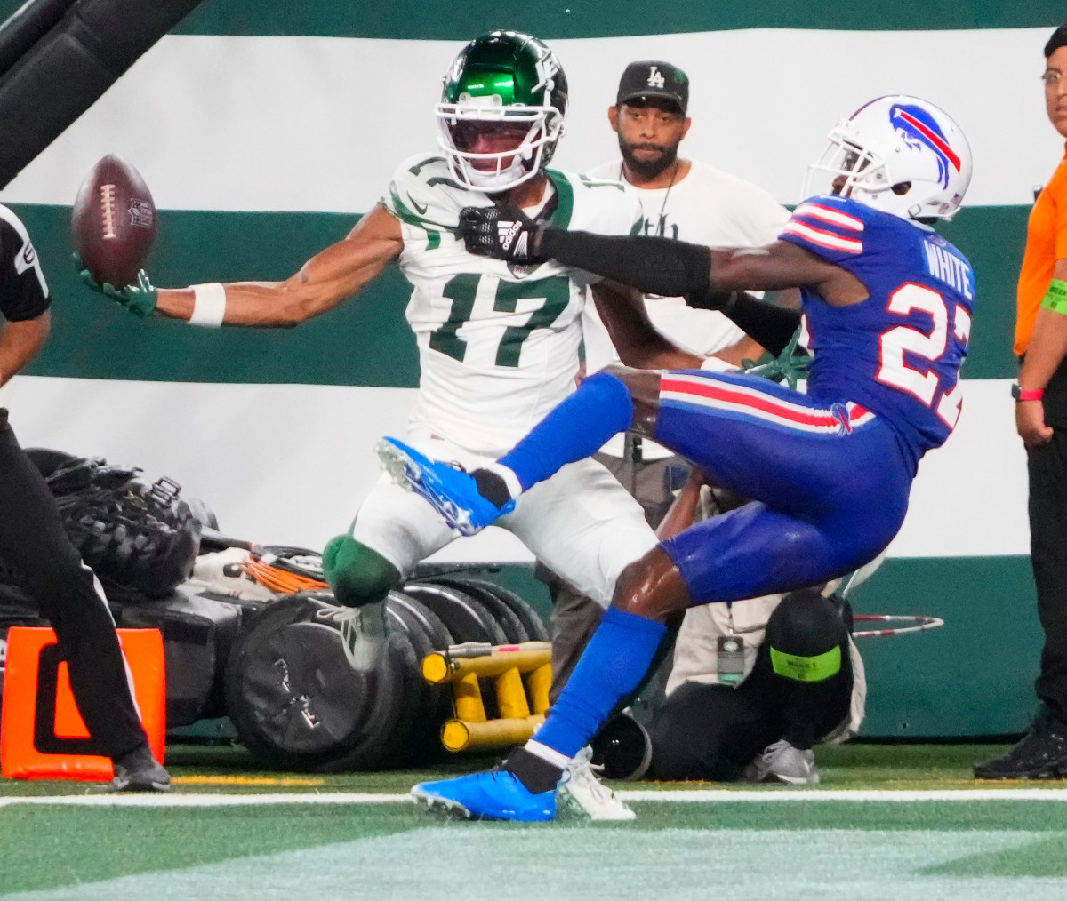 New York Jets wide receiver Garrett Wilson (17) warms up before taking on  the Miami Dolphins during an NFL football game Sunday, Oct. 9, 2022, in  East Rutherford, N.J. (AP Photo/Adam Hunger