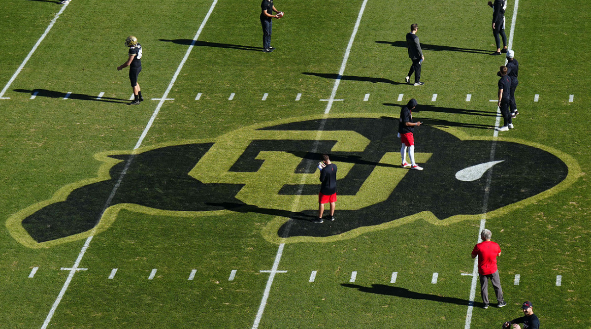 Colorado Buffaloes football team’s midfield logo as seen pregame on Nov. 26, 2022, at Folsom Field in Boulder, Colo.