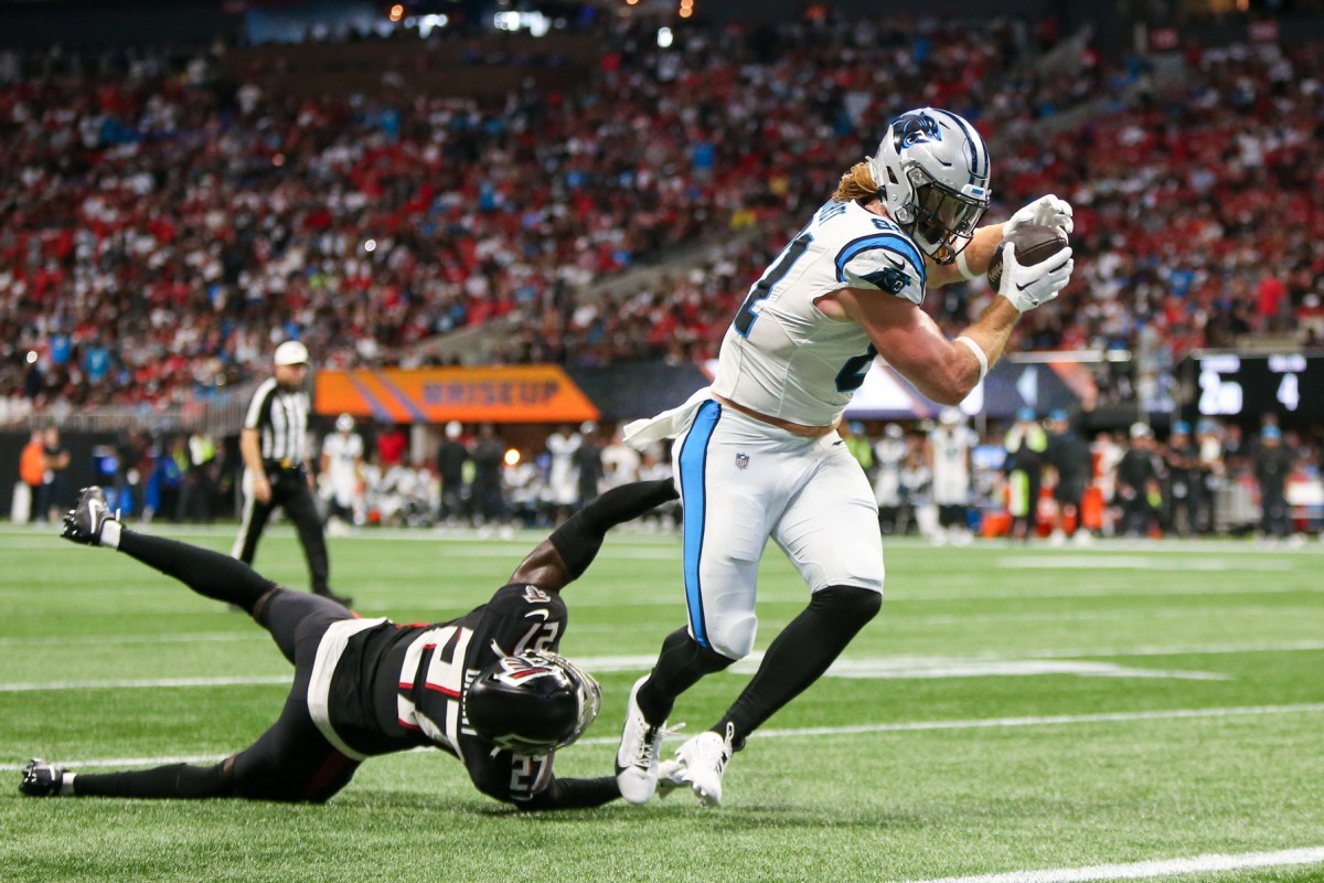 Carolina Panthers tight end Hayden Hurst (81) breaks away from Atlanta Falcons safety Richie Grant (27) for a touchdown. Mandatory Credit: Brett Davis-USA TODAY