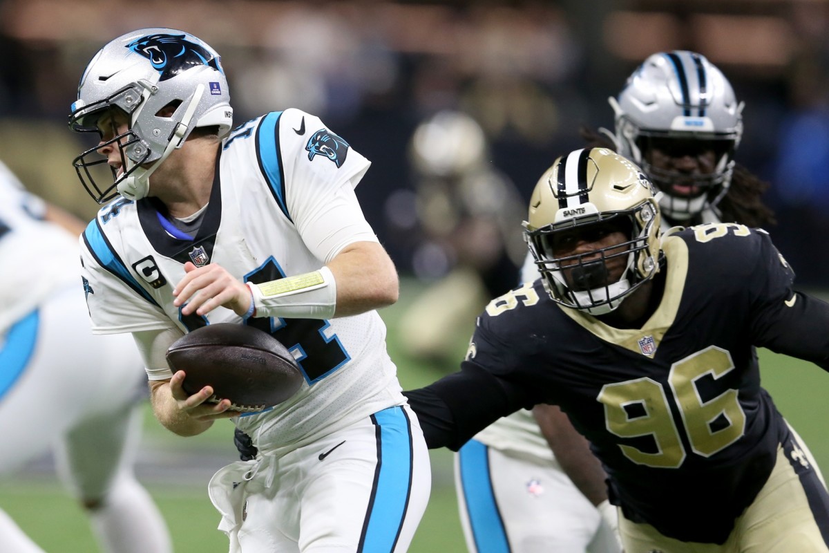 Jan 2, 2022; New Orleans Saints defensive end Carl Granderson (96) pressures Carolina Panthers quarterback Sam Darnold (14). Mandatory Credit: Chuck Cook-USA TODAY Sports