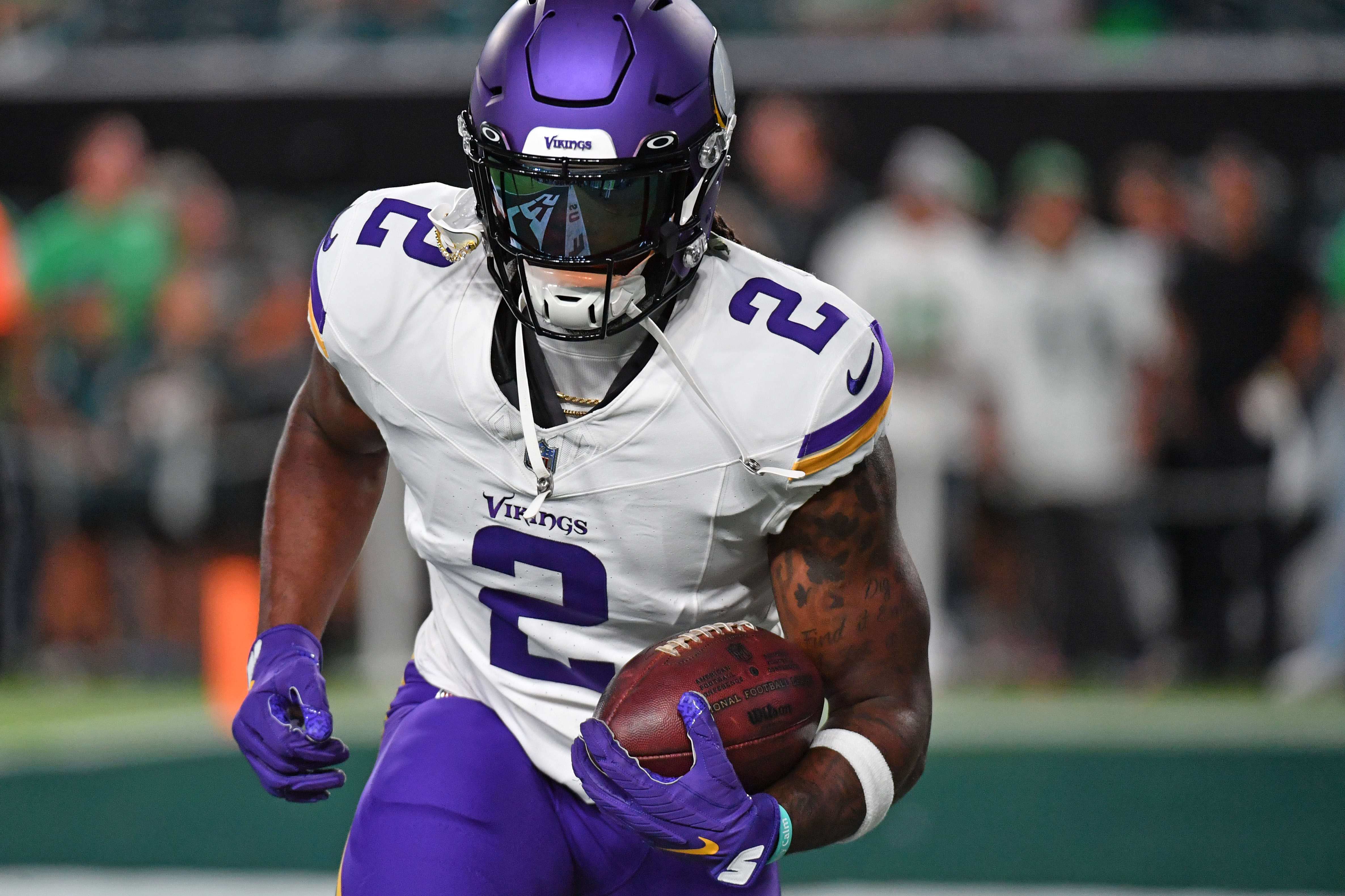 Minnesota Vikings running back Alexander Mattison (2) celebrates after  scoring a touchdown against the New York Jets during the first half of an  NFL football game Sunday, Dec. 4, 2022 in Minneapolis. (