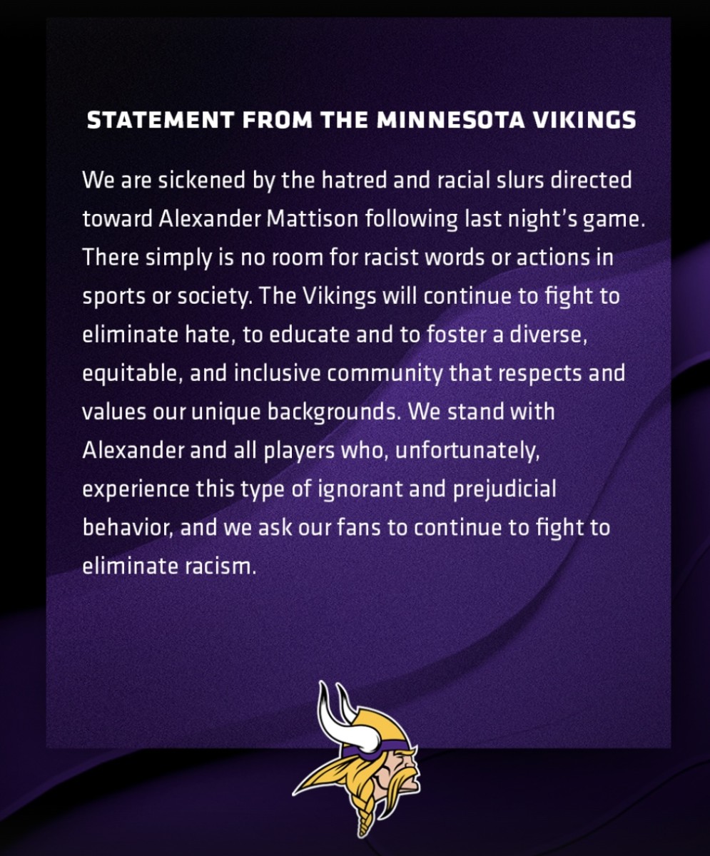 Minnesota Vikings player Alexander Mattison shares racist messages