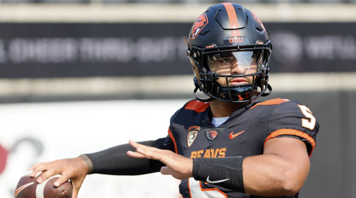 Sep 16, 2023; Corvallis, Oregon; Oregon State Beavers quarterback DJ Uiagalelei (5) warms up before the game against the San Diego State Aztecs at Reser Stadium.