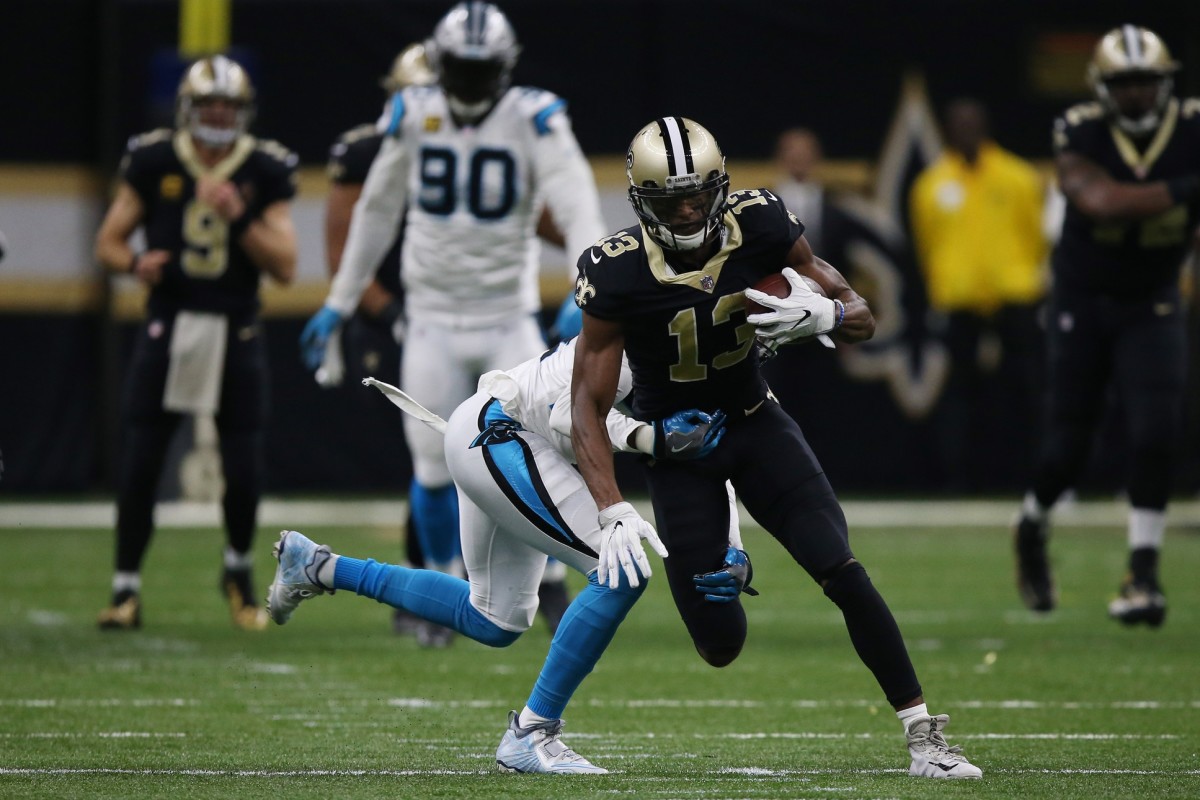 Jan 7, 2018; New Orleans Saints receiver Michael Thomas (13) catches a pass against the Carolina Panthers. Mandatory Credit: Chuck Cook-USA TODAY