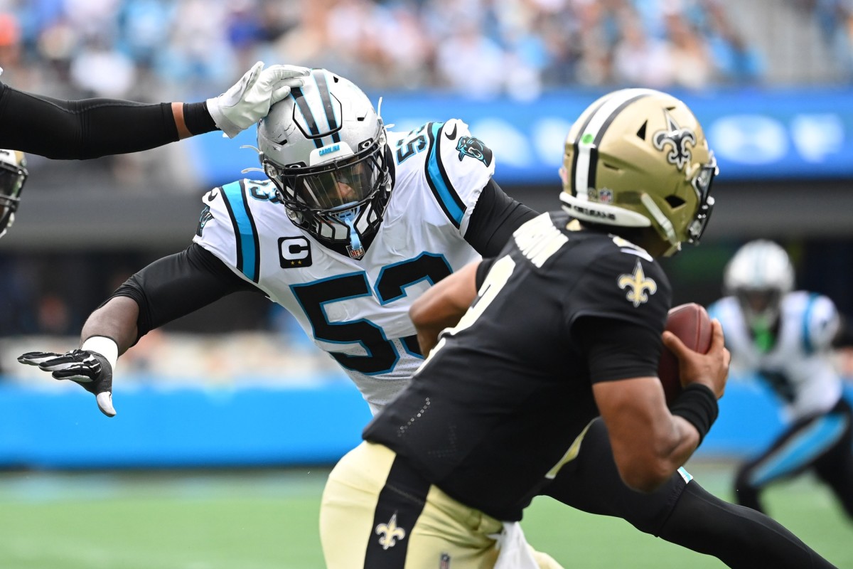 Sep 25, 2022; New Orleans Saints quarterback Jameis Winston (2) looks to pass under pressure from Carolina Panthers defensive end Brian Burns (53). Mandatory Credit: Bob Donnan-USA TODAY