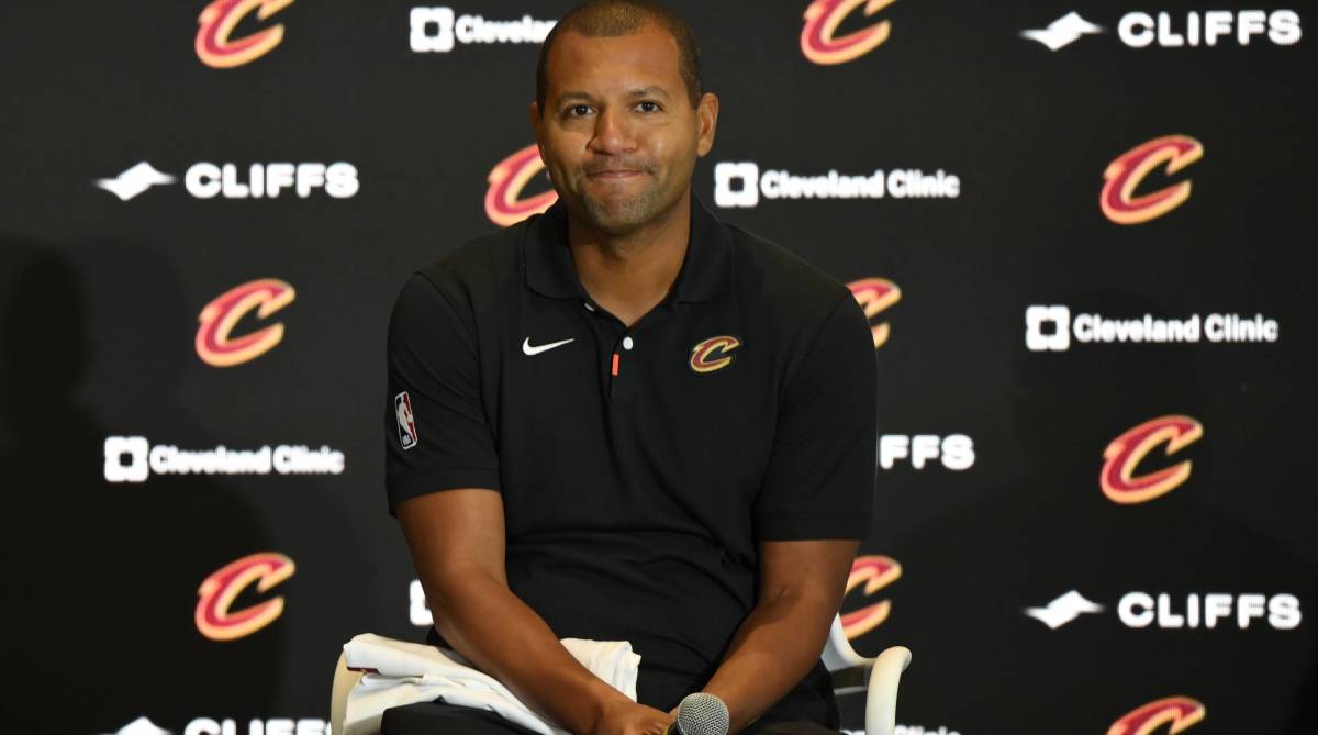 Cavaliers president Koby Altman speaks with media at a press conference.