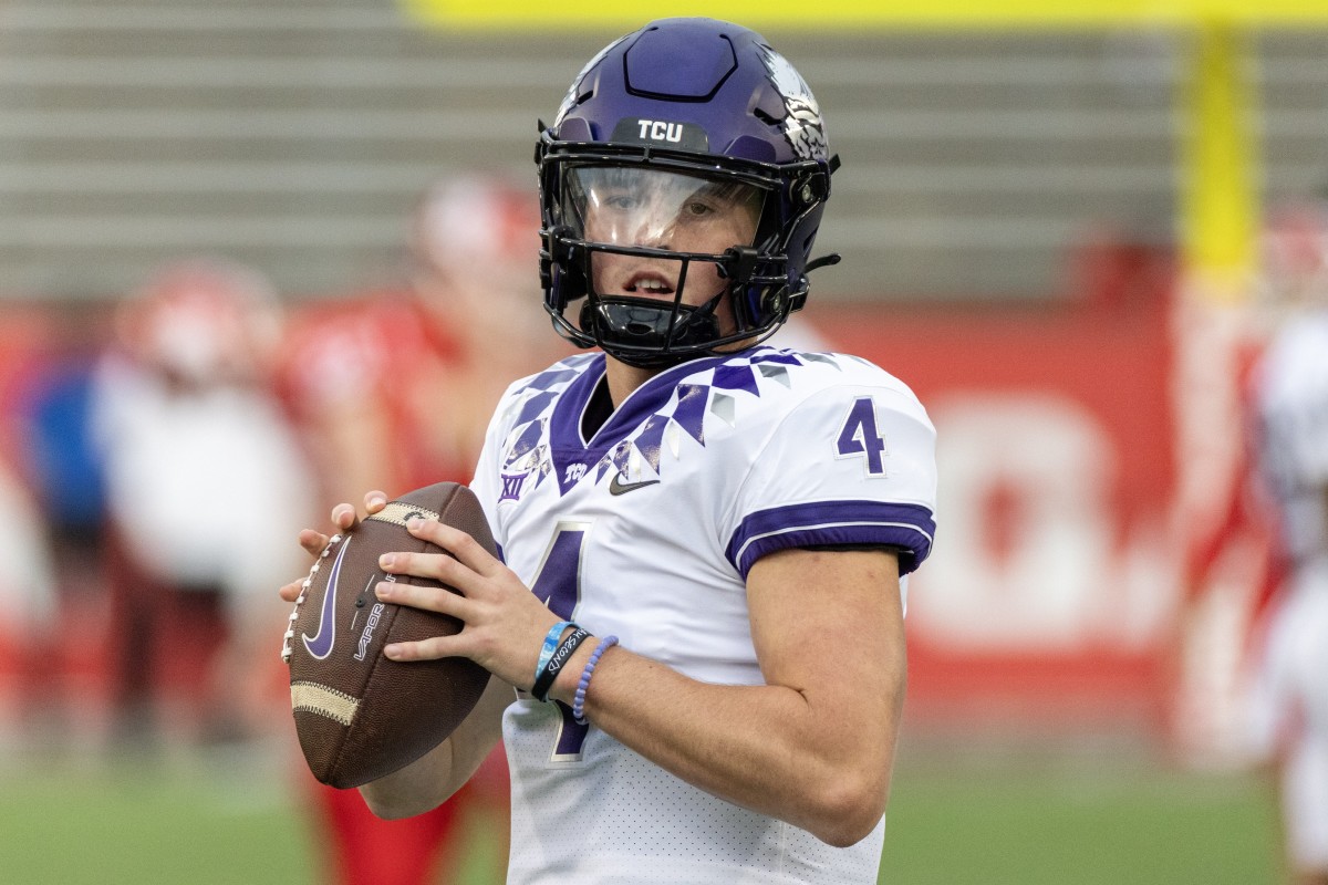 TCU Horned Frogs quarterback Chandler Morris (4) warms up before playing against the Houston Cougars at TDECU Stadium. 