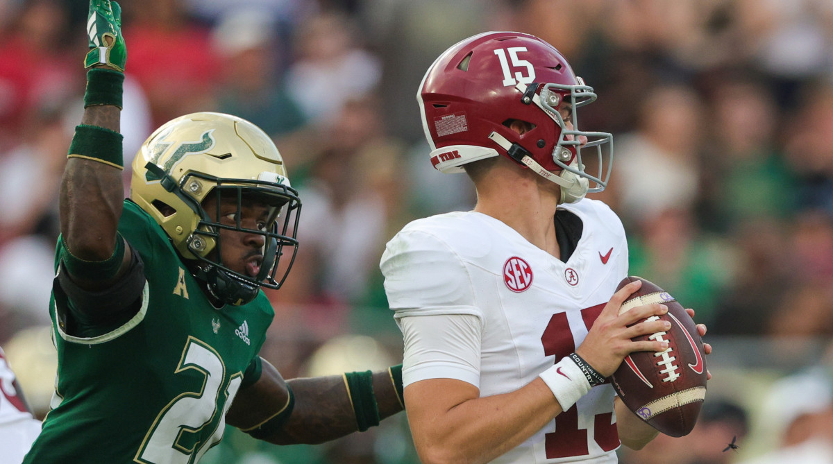 South Florida Bulls defensive back Jaelen Stokes sacks Alabama Crimson Tide quarterback Ty Simpson.